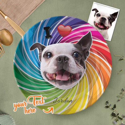 Personalised dog face ceramic dinner plate with colourful custom photo portrait and optional name — 20.6 cm (8.1 in) personalised pet dinnerware keepsake