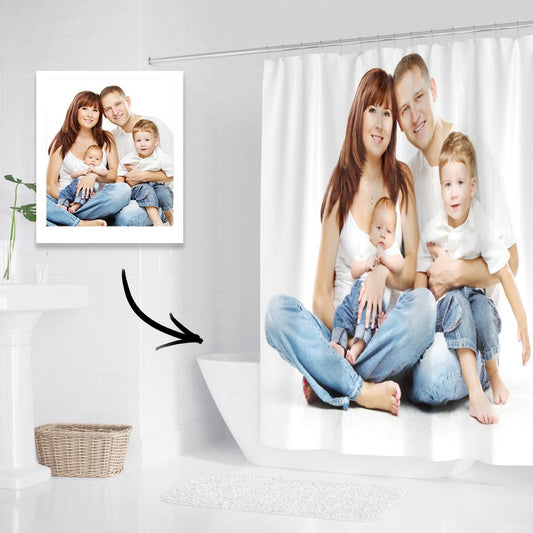 Personalised photo shower curtain in a bathroom — custom waterproof polyester with vivid, fade-resistant print