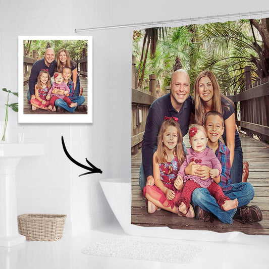 Personalised photo shower curtain in a bathroom — custom waterproof polyester with vivid, fade-resistant print