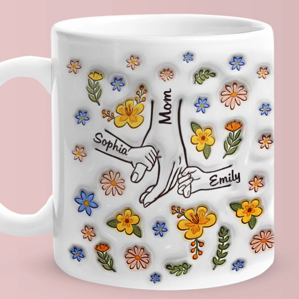 Personalised Engraved Hand in Hand Floral Mug - Mother's Day Gift with Custom Names