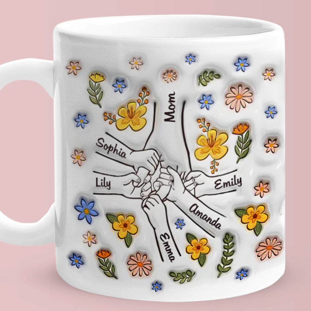 Personalised Engraved Hand in Hand Floral Mug - Mother's Day Gift with Custom Names