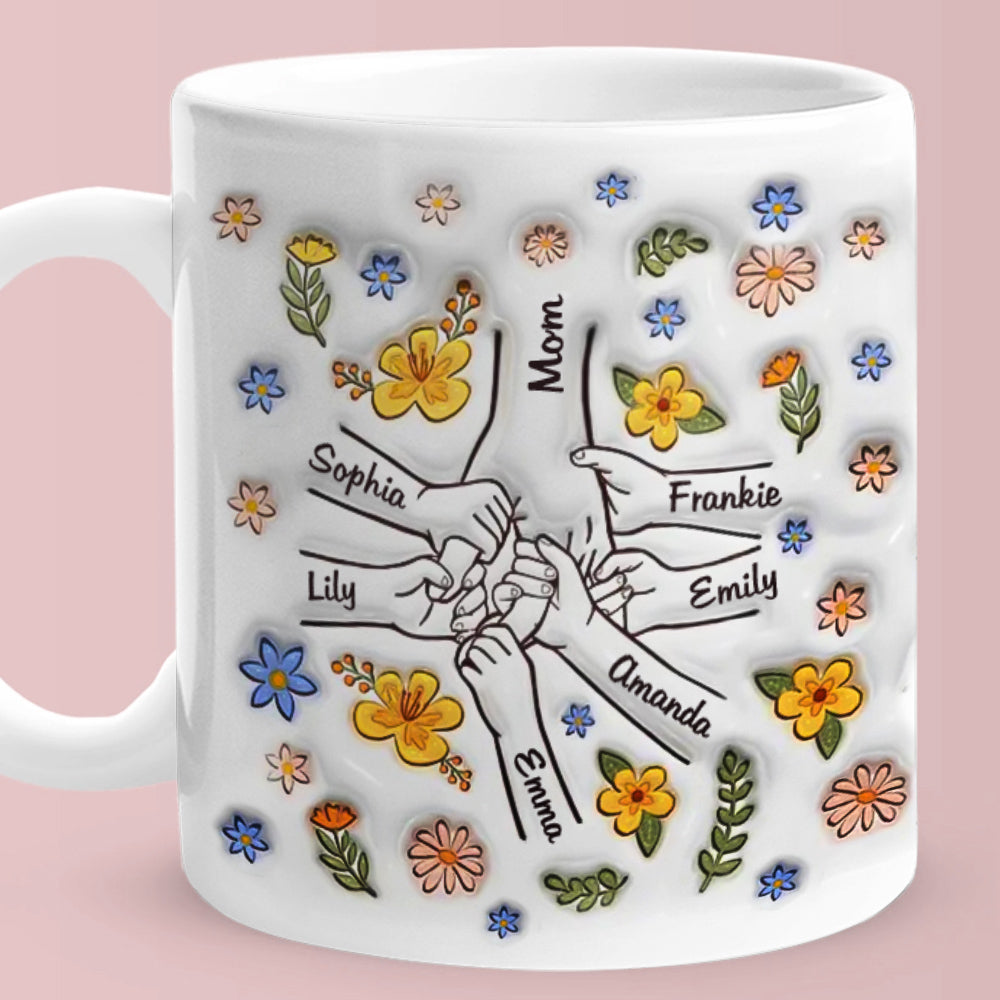 Personalised Engraved Hand in Hand Floral Mug - Mother's Day Gift with Custom Names