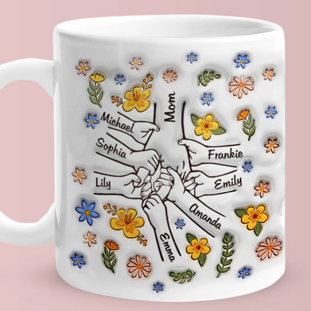 Personalised Engraved Hand in Hand Floral Mug - Mother's Day Gift with Custom Names