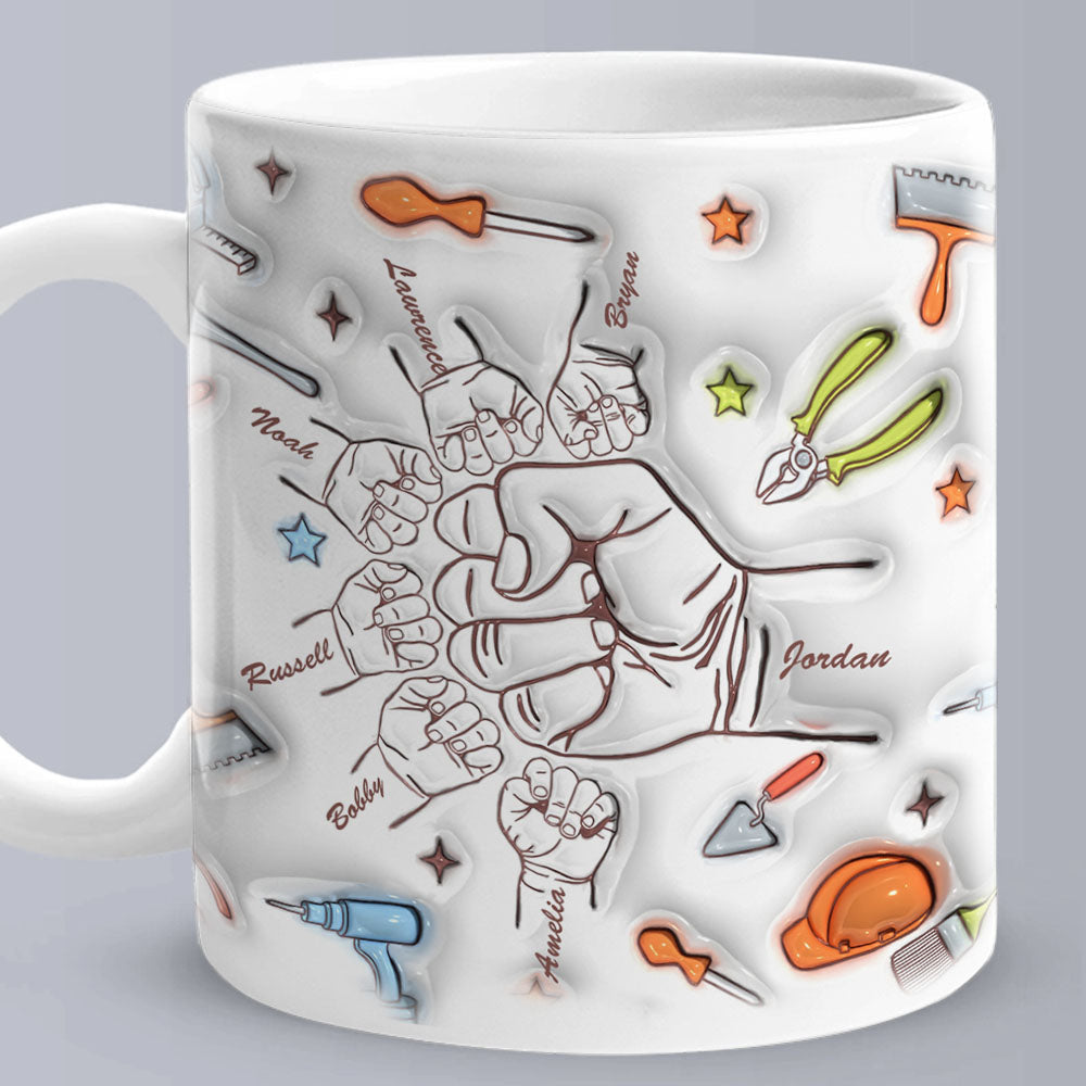 Personalised 3D Fist Bump Names Mug - Custom Gift for Dad & Grandpa