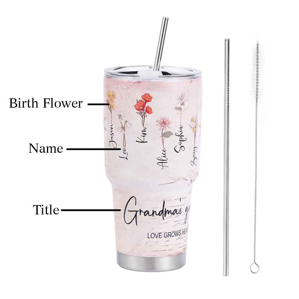Custom 30oz Insulated Tumbler with Watercolor Birth Flower Name Text – Perfect Birthday Gift for Mom or Grandma