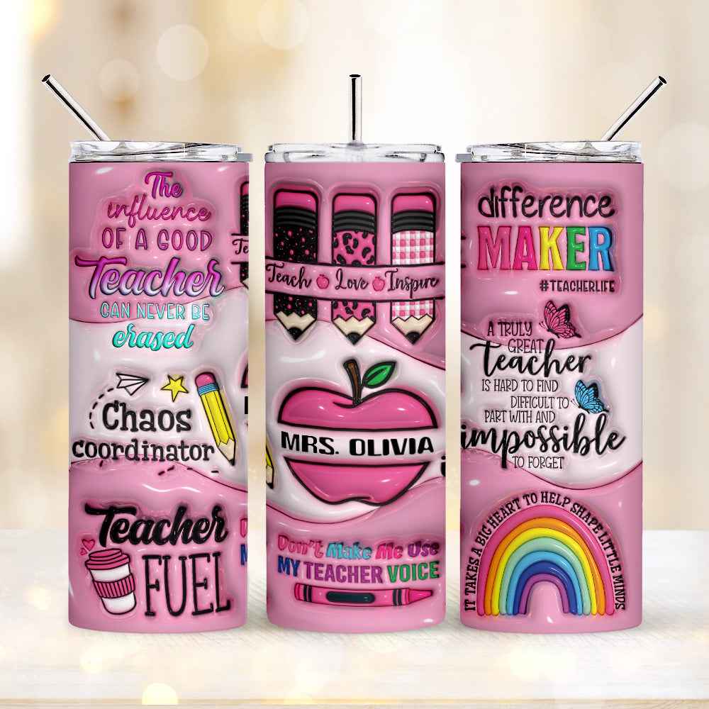 Personalized 3D Apple Pencil Design 20oz Skinny Tumbler Lid and Straw Back to School Gift for Teacher