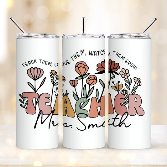 Personalised Wildflowers 20oz Skinny Tumbler with Straw - Custom Teacher Gift