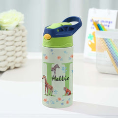 Personalised 12oz Stainless Steel Water Bottle with Straw | Kids Jungle Animal Design | Custom Name Gift
