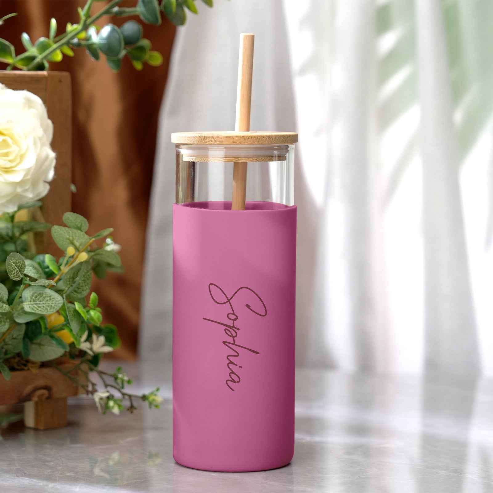 Personalized Name 17oz Glass Tumbler Coffee Tumbler with Engraved Wood Lid Silicone Case and Straw Birthday Gift