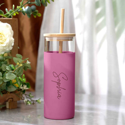 Personalized Name 17oz Glass Tumbler Coffee Tumbler with Engraved Wood Lid Silicone Case and Straw Birthday Gift