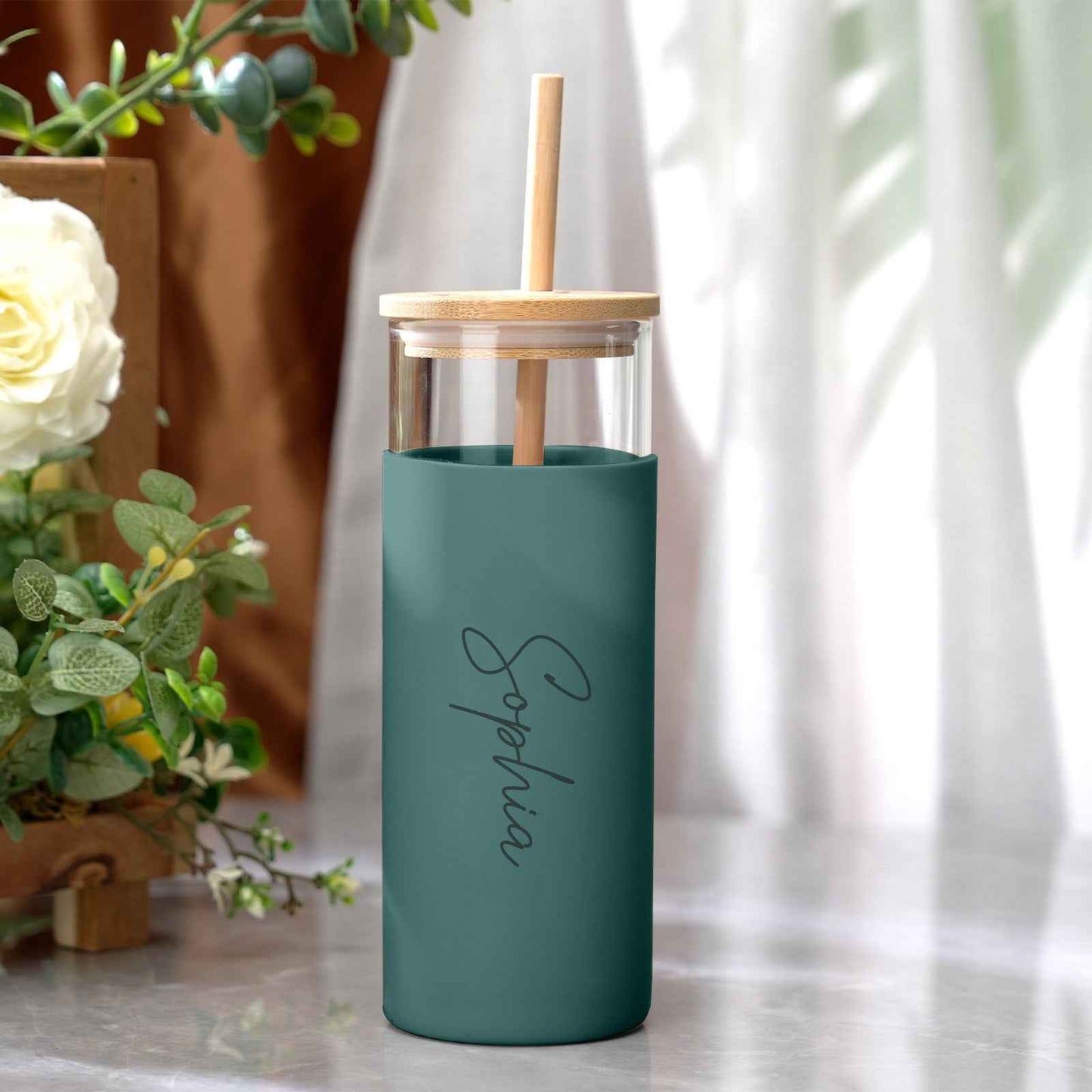 Personalized Name 17oz Glass Tumbler Coffee Tumbler with Engraved Wood Lid Silicone Case and Straw Birthday Gift