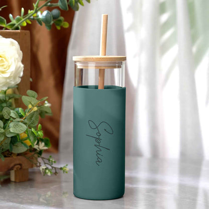 Personalized Name 17oz Glass Tumbler Coffee Tumbler with Engraved Wood Lid Silicone Case and Straw Birthday Gift