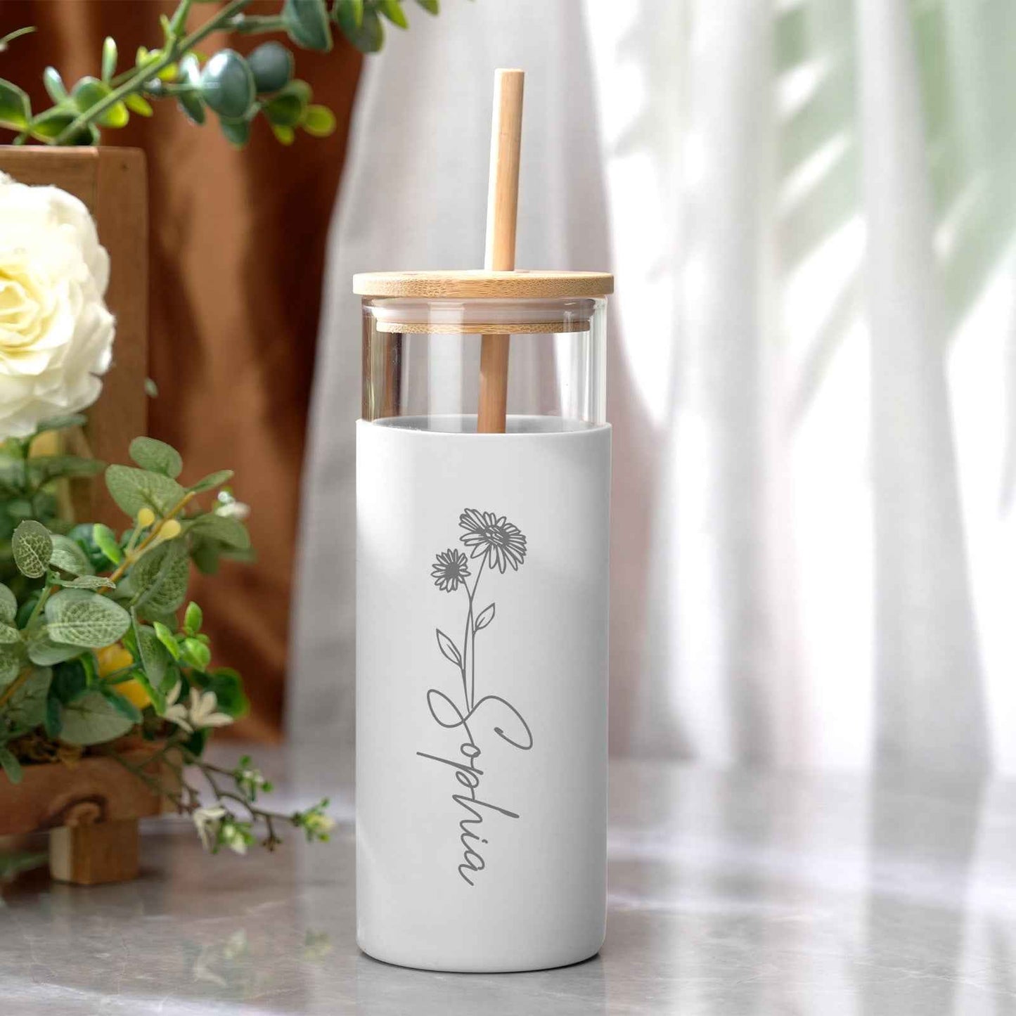 Personalized Name 17oz Glass Tumbler Coffee Tumbler with Engraved Wood Lid Silicone Case and Straw Birthday Gift