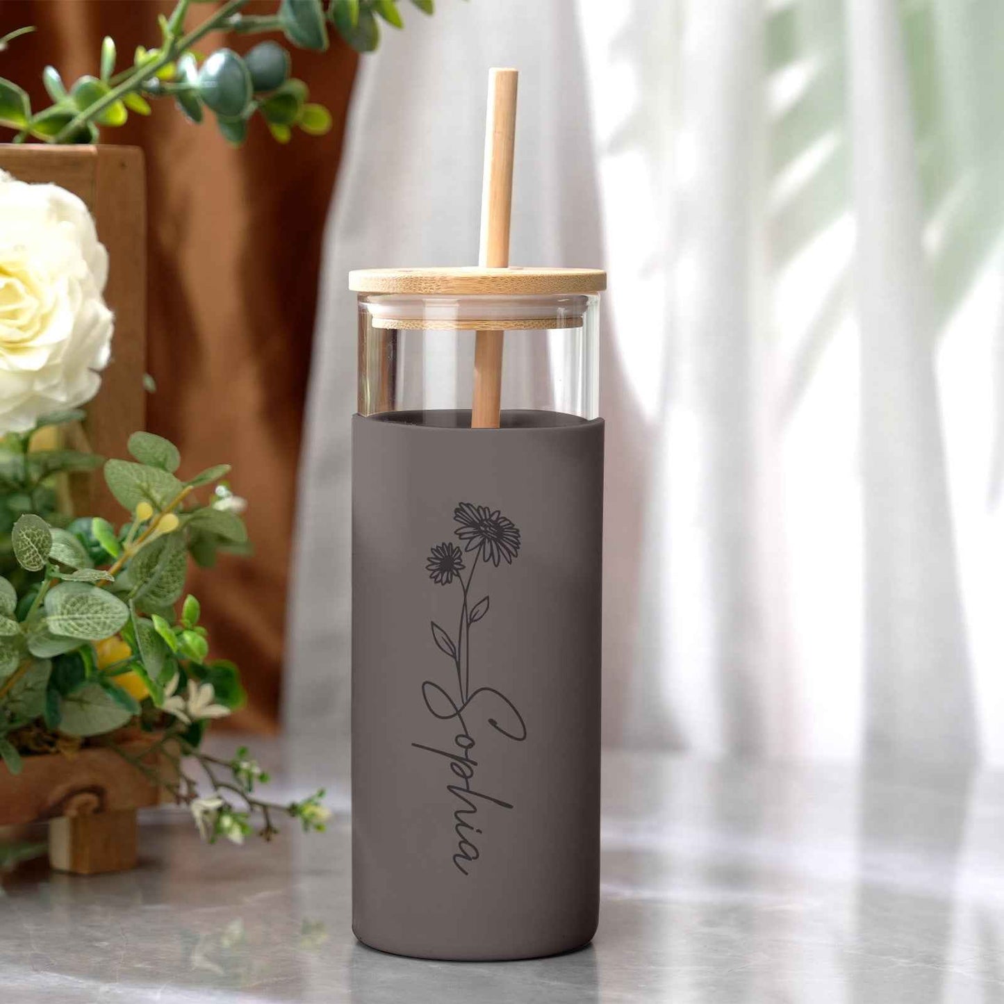 Personalized Name 17oz Glass Tumbler Coffee Tumbler with Engraved Wood Lid Silicone Case and Straw Birthday Gift
