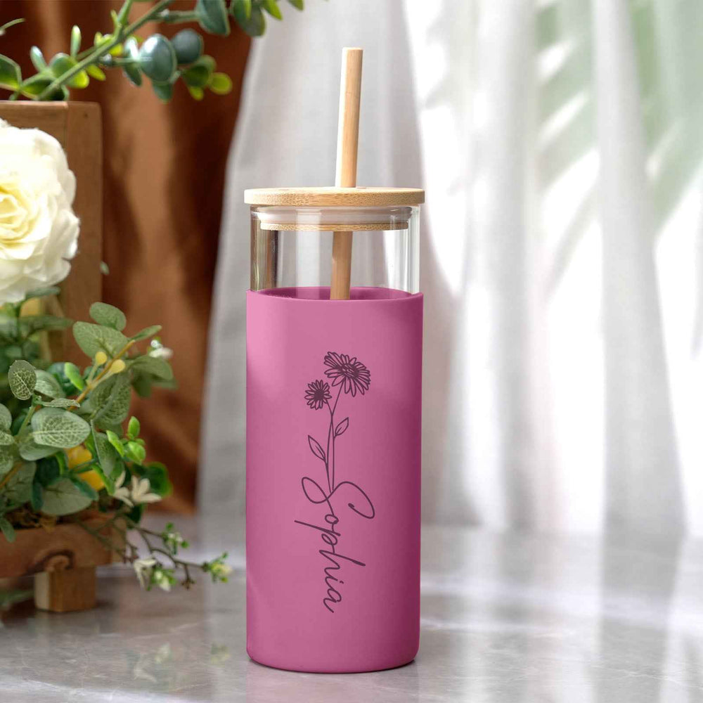 Personalized Name 17oz Glass Tumbler Coffee Tumbler with Engraved Wood Lid Silicone Case and Straw Birthday Gift