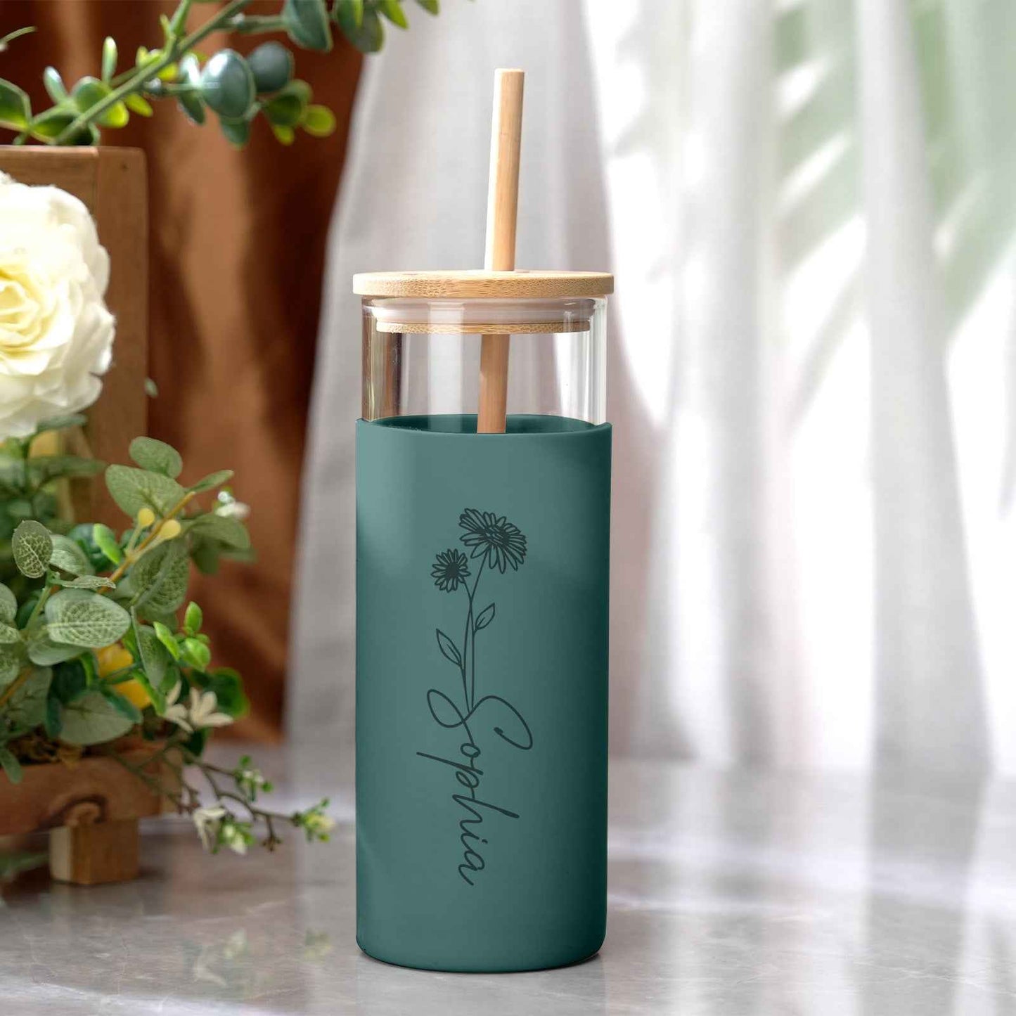 Personalized Name 17oz Glass Tumbler Coffee Tumbler with Engraved Wood Lid Silicone Case and Straw Birthday Gift