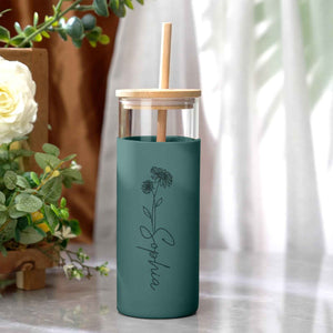Personalized Name 17oz Glass Tumbler Coffee Tumbler with Engraved Wood Lid Silicone Case and Straw Birthday Gift