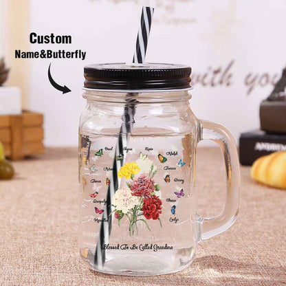 Personalized Birth Butterfly Bouquet Mason Jar with Handle Lid and Straw Birthday Gift for Mom Grandma