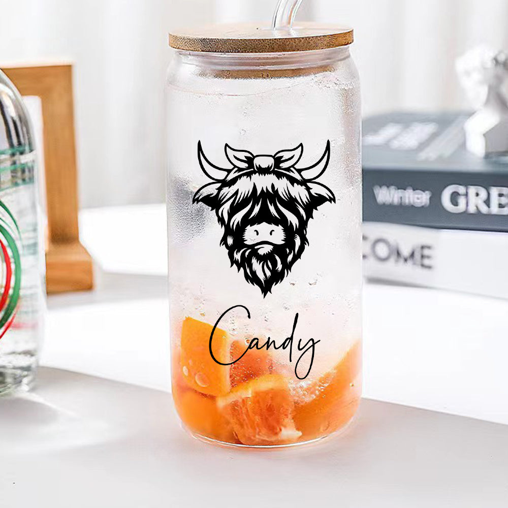 Personalised Highland Cow Glass Tumbler with Name - Custom Scotch Gift