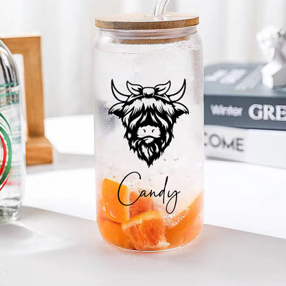 Personalised Highland Cow Glass Tumbler with Name - Custom Scotch Gift