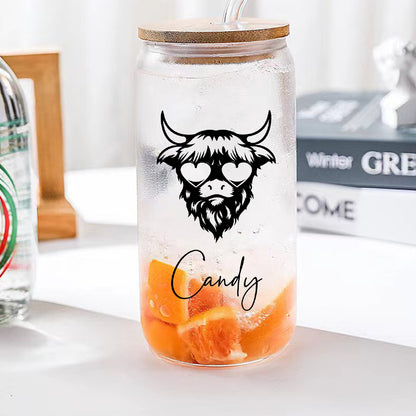 Personalised Highland Cow Glass Tumbler with Name - Custom Scotch Gift