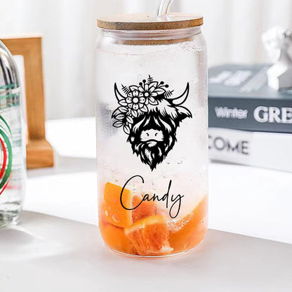 Personalised Highland Cow Glass Tumbler with Name - Custom Scotch Gift