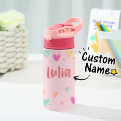 Personalised Name Heart Stainless Steel Water Bottle - Children's Day Gift for Kids