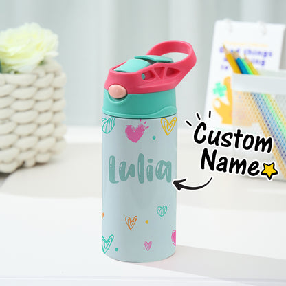 Personalised Name Heart Stainless Steel Water Bottle - Children's Day Gift for Kids