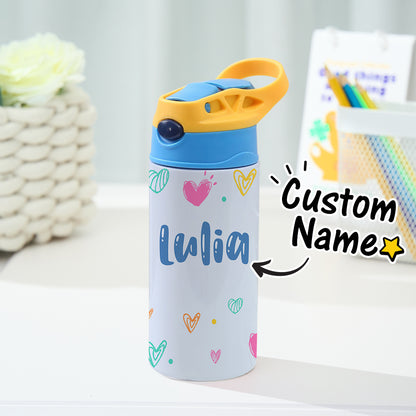 Personalised Name Heart Stainless Steel Water Bottle - Children's Day Gift for Kids