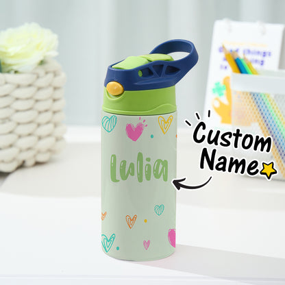 Personalised Name Heart Stainless Steel Water Bottle - Children's Day Gift for Kids