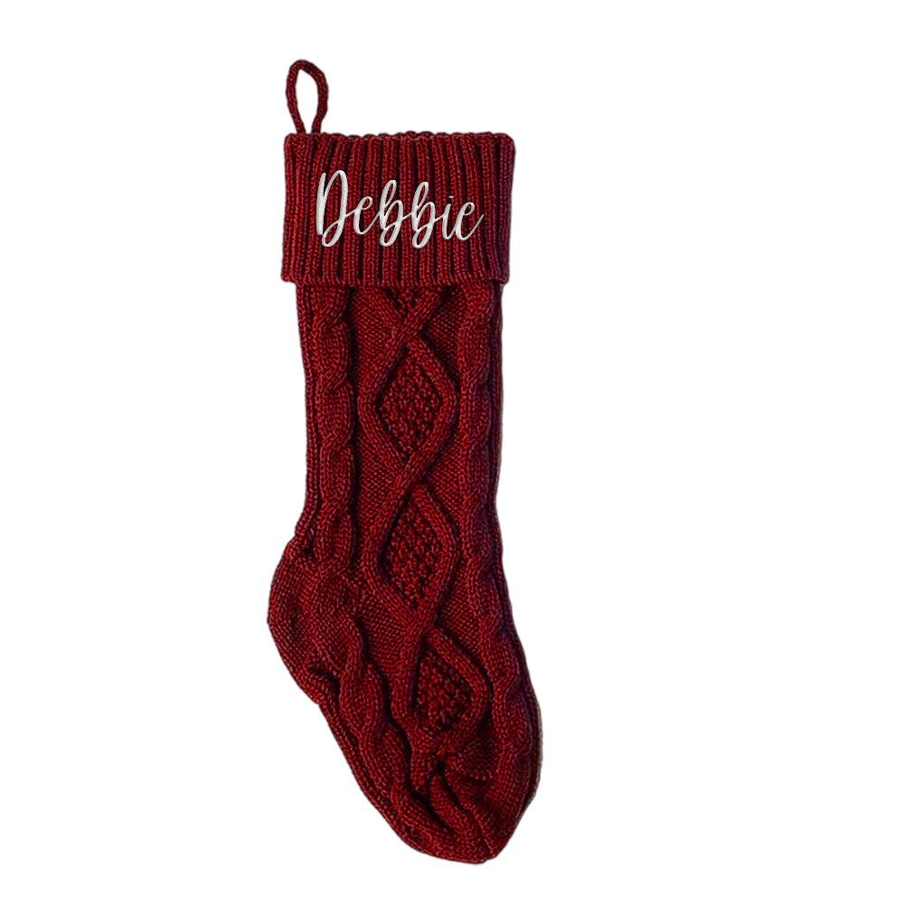 18in personalised knitted stocking hanging on a mantel with gifts inside – roomy, durable acrylic Christmas stocking with custom name