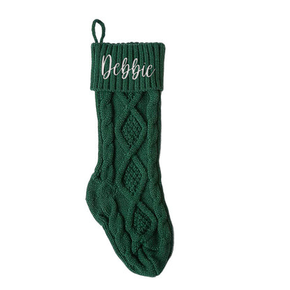 Front view of personalised knitted Christmas stocking 18in in classic colours – custom name cuff, 8.3in sole and 5.5in width for treats