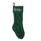 Front view of personalised knitted Christmas stocking 18in in classic colours – custom name cuff, 8.3in sole and 5.5in width for treats