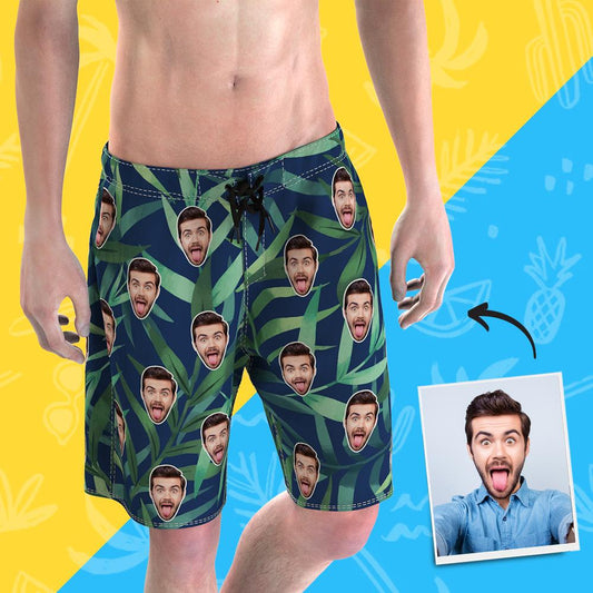 Close‑up of custom face swim shorts showing bright heat transfer print and soft breathable polyester – men's personalised photo swim shorts