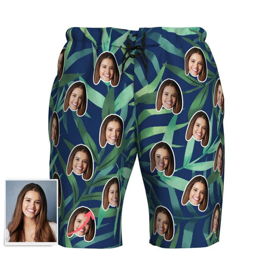 Close‑up of custom face swim shorts showing bright heat transfer print and soft breathable polyester – men's personalised photo swim shorts