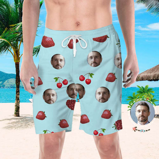 Blue personalised beach shorts for men with circular custom photo print – custom photo swim trunks, 100% polyester, ideal gift for him