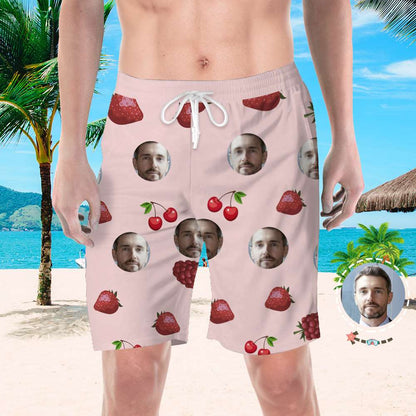 White personalised swim trunks with centered circular photo – custom beach shorts for men, loose fit, durable high-resolution 3D printing