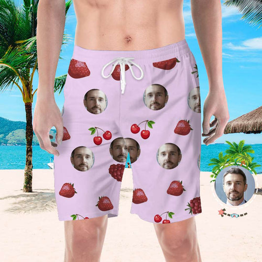 Blue personalised beach shorts for men with circular custom photo print – custom photo swim trunks, 100% polyester, ideal gift for him