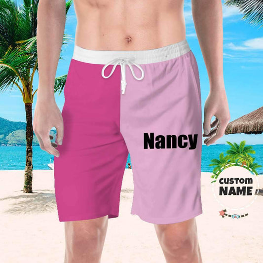 Personalised beach swim shorts in pink and purple with custom name — men's custom name swim trunks, 100% polyester, relaxed loose fit and vivid 3D print for pool and beach
