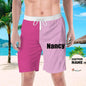 Personalised beach swim shorts in pink and purple with custom name — men's custom name swim trunks, 100% polyester, relaxed loose fit and vivid 3D print for pool and beach