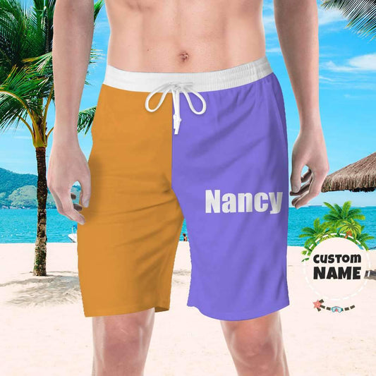 Personalised beach swim shorts in pink and purple with custom name — men's custom name swim trunks, 100% polyester, relaxed loose fit and vivid 3D print for pool and beach