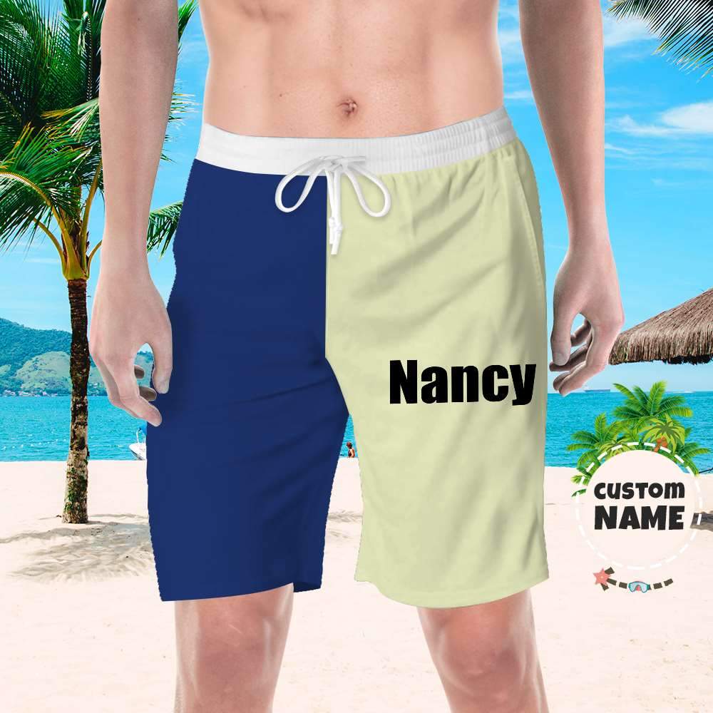 Custom name swim trunks in purple and orange — personalised beach swim shorts for men with high‑definition 3D print, soft polyester and comfortable everyday fit