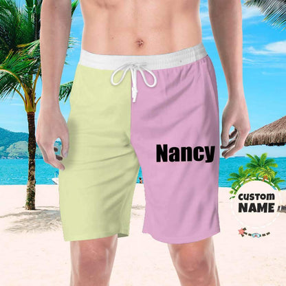 Personalised beach swim shorts in yellow and blue — custom photo swim trunks for men, durable vivid 3D printing on soft 100% polyester, perfect for seaside and pool days