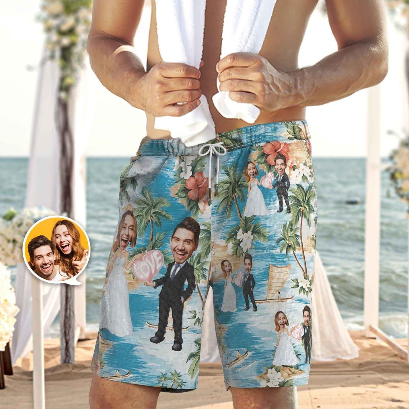 Personalised face swim trunks — custom beach shorts for honeymoon