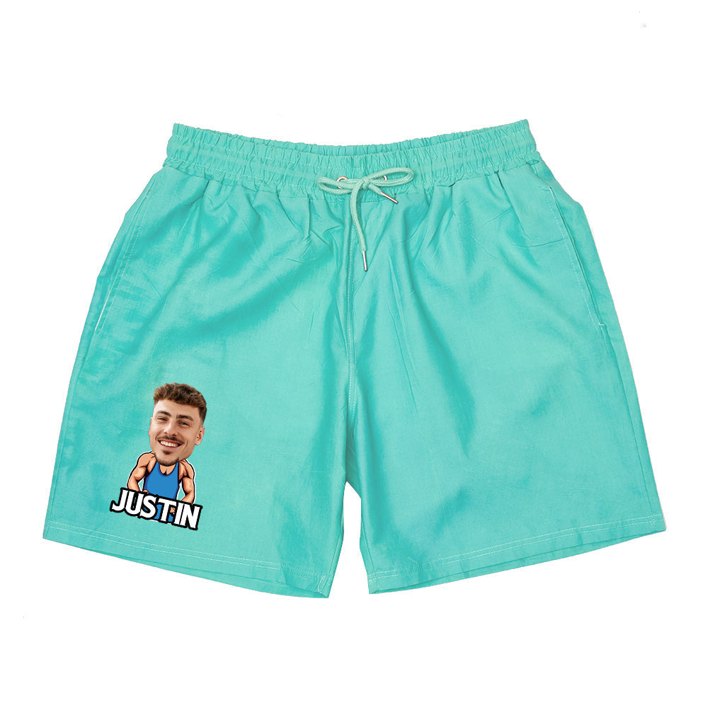 Collection of personalised colour-changing beach shorts displaying green-to-blue gradient options with face and name customisation for teens and holiday wear