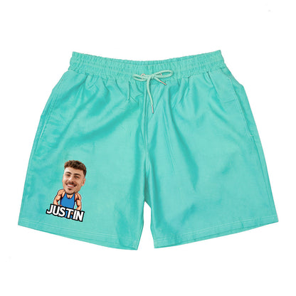 Collection of personalised colour-changing beach shorts displaying green-to-blue gradient options with face and name customisation for teens and holiday wear
