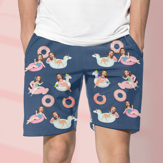 Personalised face donut swim shorts side and back view – shows elasticated waistband, drawstring and comfortable fit; custom photo beach trunks for swimming and casual wear