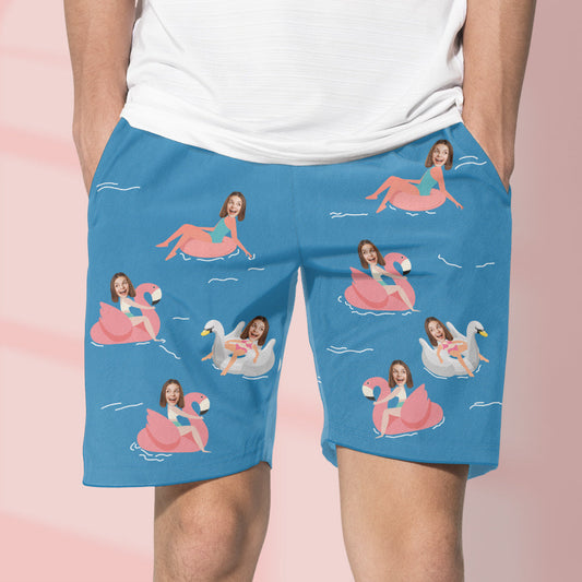 Close-up of model wearing customised face beach shorts poolside – personalised swimwear made-to-order, perfect for stag, hen and birthday gifts