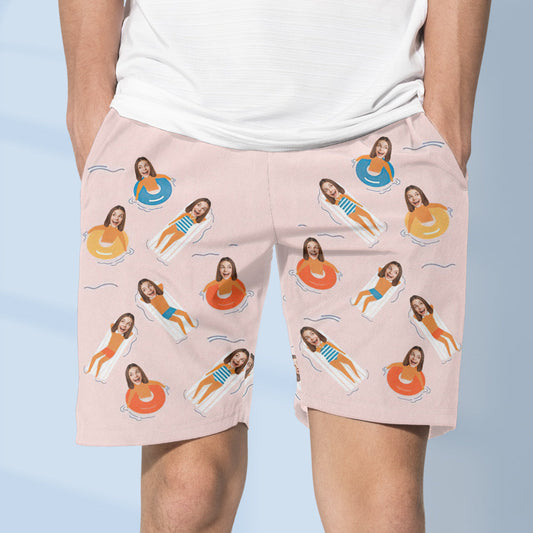 Side and rear view showing comfortable fit, elasticated waist and drawstring on custom face swim shorts — ideal personalised gifts for couples, Gifts For Men and Gifts For Women