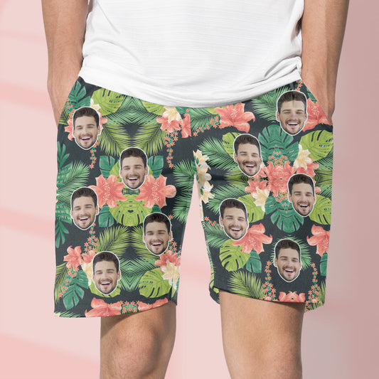 Custom Face Beach Shorts front view, personalised Hawaiian swim shorts with bold custom photo print, made-to-order novelty gift
